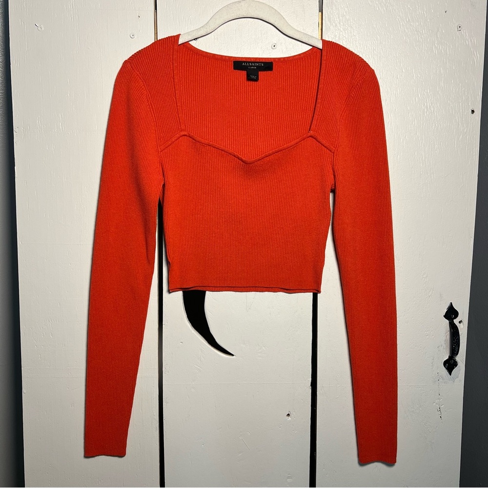 All Saints Ribbed Sweetheart Neck LongSleeve Crop Sweater Womens Burnt Large New